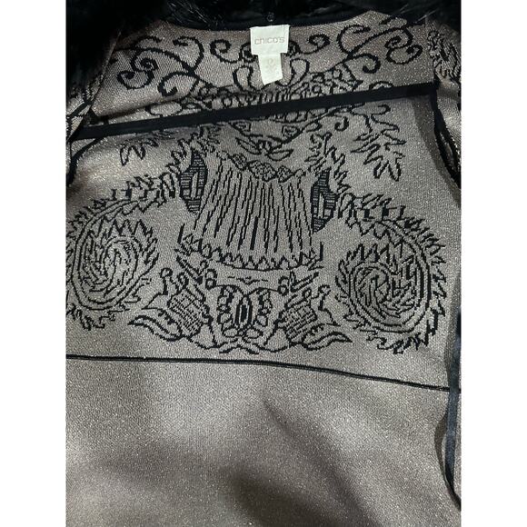 Chico’s Women’s Faux-Fur Collar Lurex Cardigan Black with Gold Size 0 - Picture 13 of 15